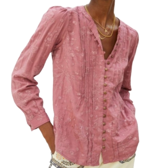 Anthropologie Pilcro NEW Button Embroidered Blouse Rose Pink Small - Picture 1 of 17